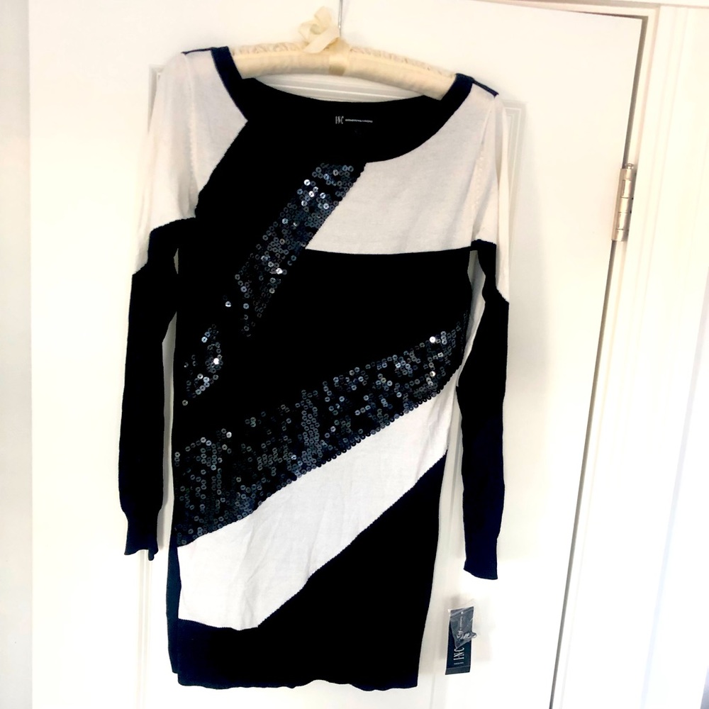 INC Macy’s holiday Sweater Top sequined Black and white color block size S